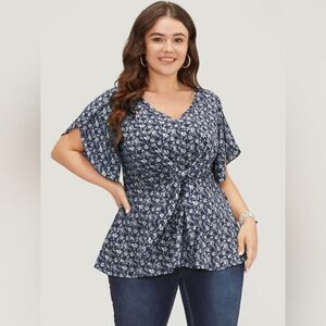 Bloomchic Floral Tie Front Blouse Navy
